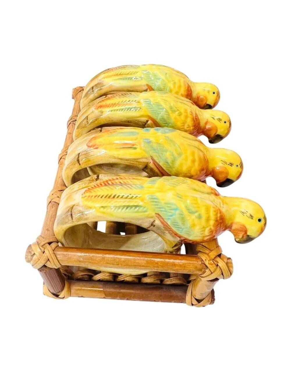 Retro 1980s Ceramic Parrot Napkin Rings & Bamboo Caddy Set MCM Tropical Decor